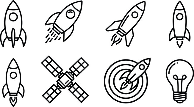 Minimalist vector line art icon set of space rockets satellite and a business innovation lightbulb isolated on background