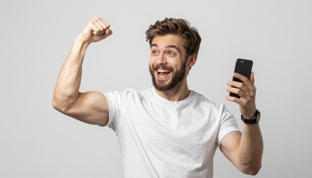 Excited man flexes arm while checking phone