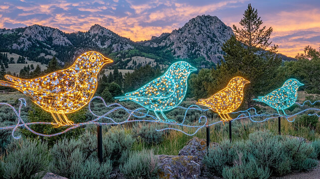 Neon birds glowing sculpture outdoor art mountain landscape sunset sky illuminated installation creative lighting flock formation nature scene vibrant colors create magical atmosphere wilderness