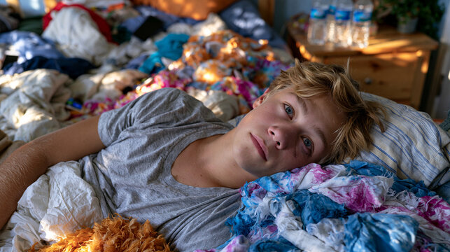 Solitary teenager stares at ceiling from unmade bed at 11am on first back-to-school week morning, phone notifications unanswered, dark under-eye circles visible, empty water bottles beside nightstan