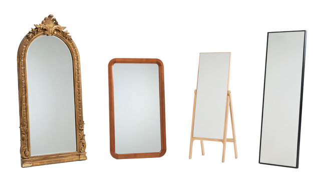 Four different mirrors including an ornate gold arched mirror, a rounded wooden frame mirror, a standing easel mirror, and a tall black frame