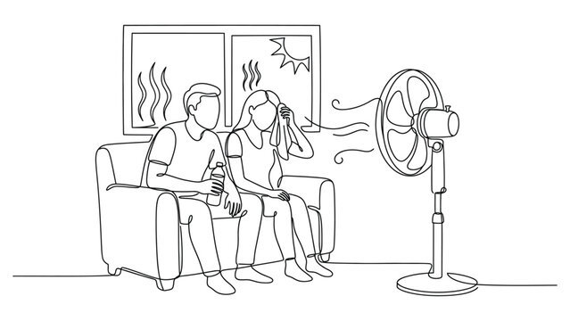 Continuous one line drawing of a couple sitting on a couch trying to cool off in front of an electric fan