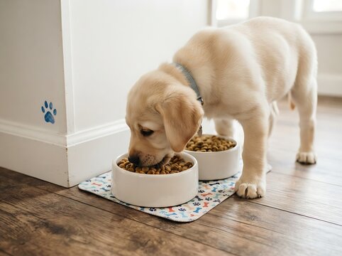 Adorable labrador puppy eating from double pet food bowls