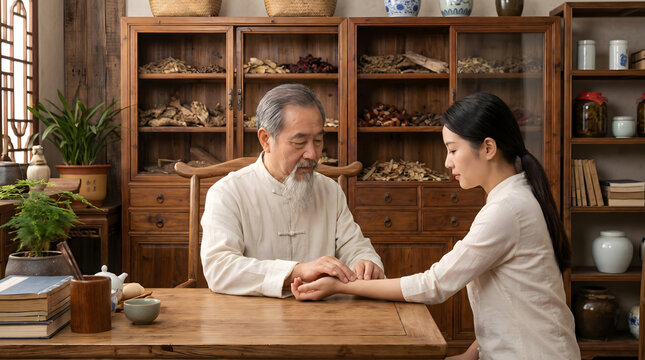 Elderly traditional Chinese medicine practitioner diagnosing a young woman by pulse examination