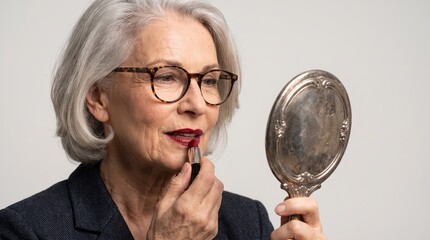 Senior woman with grey hair applying red lipstick using hand mirror © Maryna