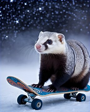 A javan ferret badger ai-generated fantasy animal, fictional species  in a starlight background riding a skateboard. 