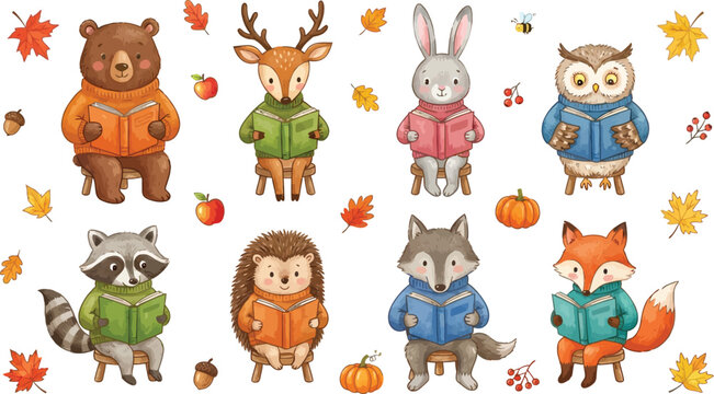 Set of cute autumn animals reading books on white background