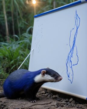 A  indigo javan ferret  badger ai-generated fantasy animal, fictional species with a whiteboard. 