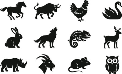 Obraz premium Solid black vector glyph icon set of wild animals and farm livestock silhouettes isolated on a white background