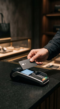 Customer tapping contactless card on payment terminal in store