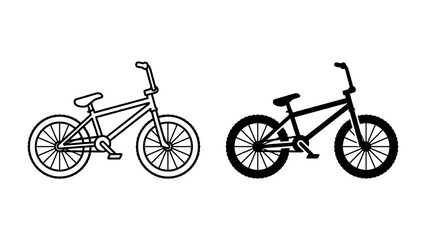 Fototapeta premium BMX Bike Icon Set: Two stylized BMX bikes, one outlined and one solid black silhouette, presented side-by-side for dynamic design use.