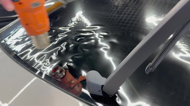 Professional car window tinting process: technician prepares the glass, applies tint film, uses a heat gun to shape it on curved surfaces, and smooths out air bubbles with a squeegee. 