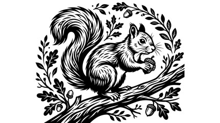 A detailed illustration of a squirrel holding an acorn on a tree branch surrounded by leaves. © rian
