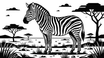 A black and white illustration of a zebra standing in a savannah landscape with trees and grass © rian