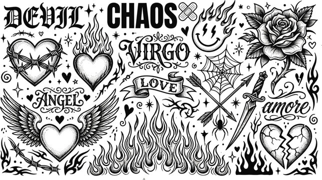Old school tattoo flash elements set representing gothic dark aesthetic punk stickers with hearts flames rose dagger and wings vector