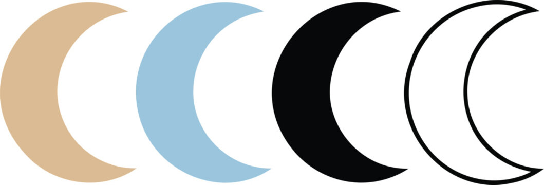 Crescent moon vector set with color variations in tan, blue, black, and outline minimalist celestial design