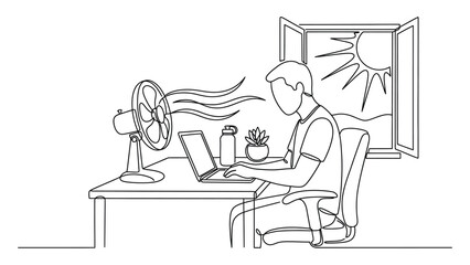Obraz premium Continuous one line drawing of a man working on a laptop at a desk with a fan