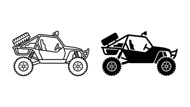 Buggy Silhouette: Two dune buggies, one outlined and one solid black, are depicted side-by-side, showcasing their off-road design and rugged appeal.