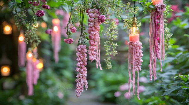 Bohemian floral pink macrame outdoor garden hanging decoration romantic light create dreamy bohemian atmosphere with pink macrame and floral hanging lights in lush garden setting