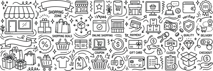Comprehensive collection of e-commerce and online shopping icons hand drawn doodle set featuring carts gift boxes bags payment methods credit cards discounts and store elements, shopping © Kanon Islam