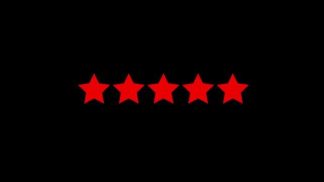 Five star rating icon for review, feedback, quality, and customer testimonial design on transparent background.4k motion graphics video animation