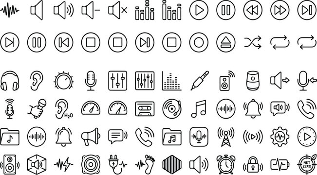 Set of 72 outline icons related to sound. Linear icon collection. Editable stroke. Vector illustration.eps