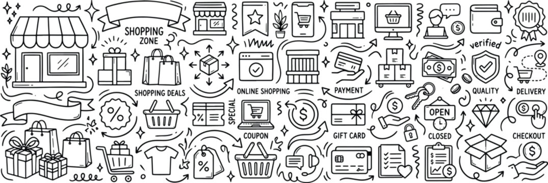 Comprehensive collection of e-commerce and online shopping icons hand drawn doodle set featuring carts gift boxes bags payment methods credit cards discounts and store elements, shopping