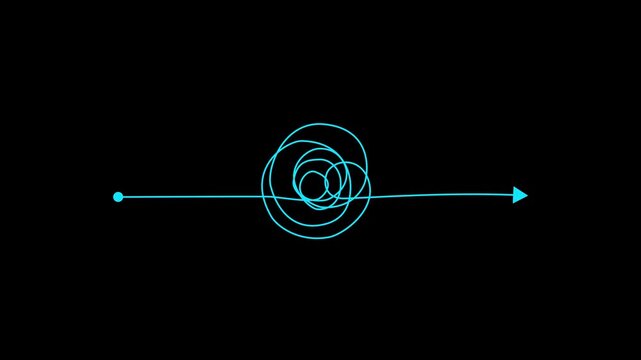 Abstract line arrow with scribble circle showing confusion to clarity concept for problem solving process and business direction.4k motion graphics video animation