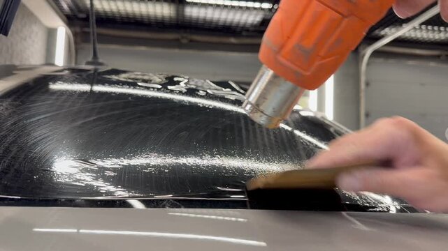 Professional car window tinting process: technician prepares the glass, applies tint film, uses a heat gun to shape it on curved surfaces, and smooths out air bubbles with a squeegee. 