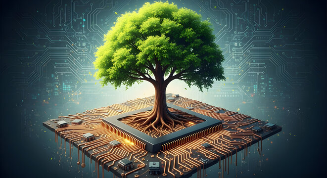 Vibrant Tree Growing from Microchip in Circuit Board