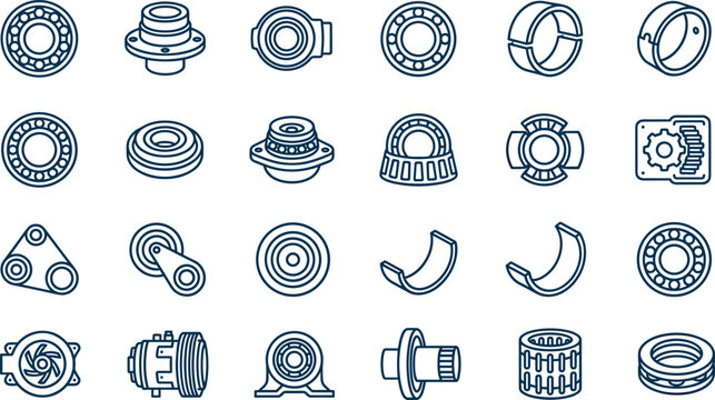 Automotive engine bearings and belt pulleys vector line icon set with mechanical car drive train symbols