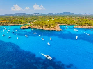 Aerial drone view of yachts and boats in a sea bay in Mallorca, Spain. Summer vacation, leisure and recreation near the Mediterranean coastal forest. © biletskiyevgeniy