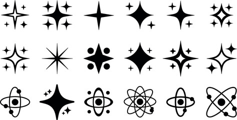 Sparkle and twinkle black icon vector collection with atomic orbit shapes for science magic and cosmic decoration © RafatStock