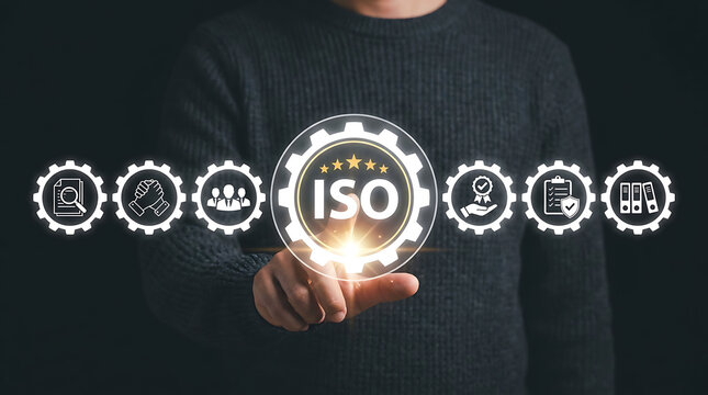 Businessman touching virtual ISO gear icon for international quality standard compliance
