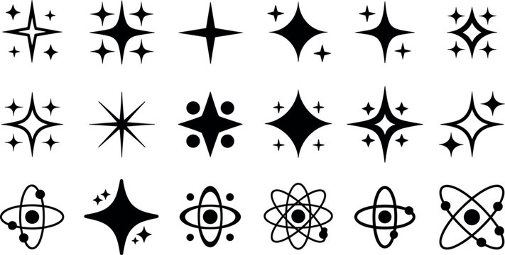 Sparkle and twinkle black icon vector collection with atomic orbit shapes for science magic and cosmic decoration