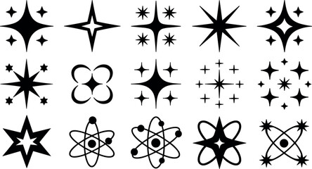 Sparkle and twinkle black icon vector collection with atomic orbit shapes for science magic and cosmic decoration © RafatStock