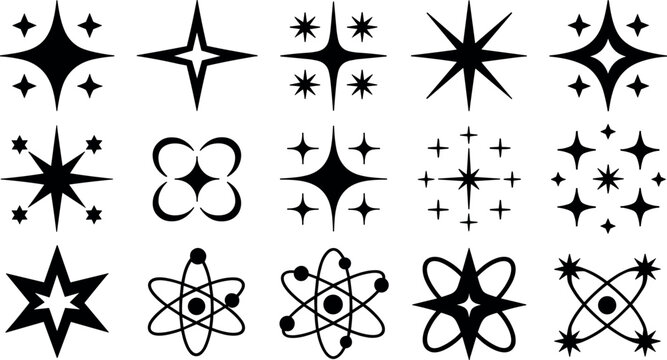 Sparkle and twinkle black icon vector collection with atomic orbit shapes for science magic and cosmic decoration