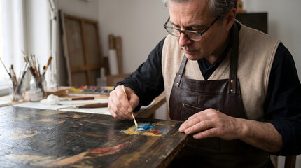 Fototapeta premium Art restorer cleaning old painting in studio