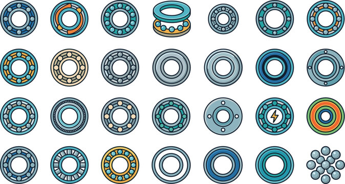  Industrial ball bearings vector icon set with flat mechanical roller assembly and steel ring symbols