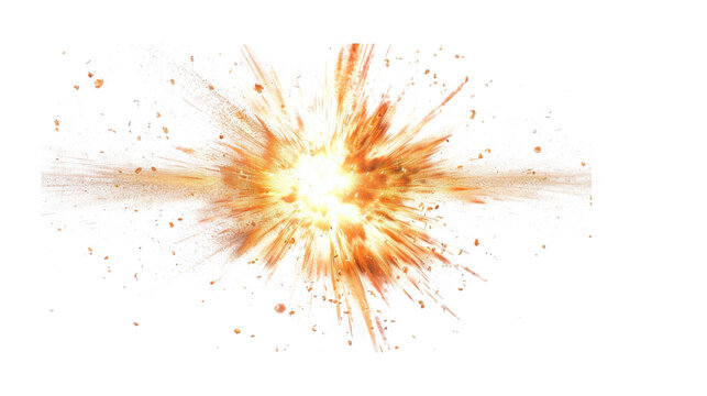 Fiery orange explosion with radiant light beams and scattered glowing particles isolated on transparent background for dynamic special effects with radiating outwards flying