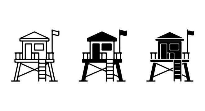 Lifeguard Station Icons, Beach Safety Tower Vector Set, Summer Rescue Hut Graphics