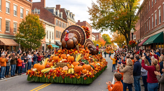 Thanksgiving parade float decorated with autumn harvest elements as crowds gather to watch