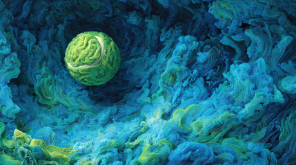 Obraz premium Green tennis ball surrounded by swirling blue and green abstract patterns, creating a dynamic and vibrant visual effect in a digital illustration