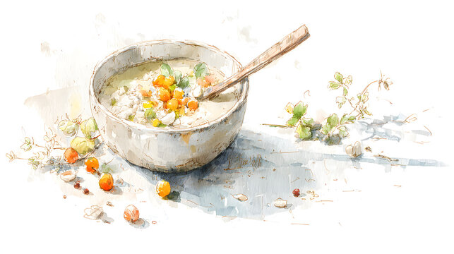Rustic Homemade Barley Soup with Fresh Herbs Watercolor Illustration, AI Generated