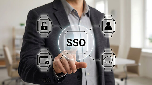 Businessman touching virtual SSO interface with smart watch and security icons