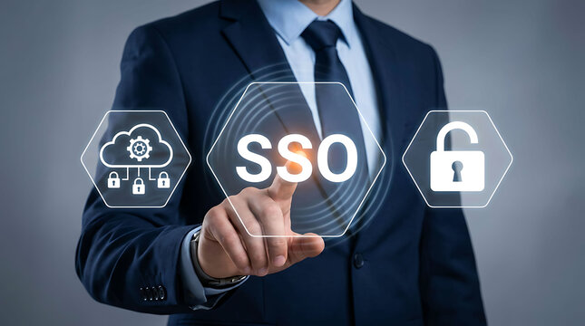Businessman pointing at virtual SSO interface with cloud security and padlock icons