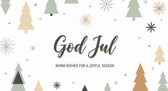 Peaceful God Jul Christmas Card with Minimalist Pine Trees and Snowflakes on an Isolated White Background