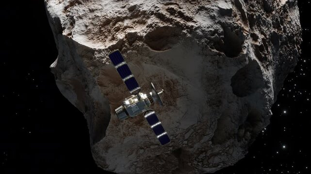 Satellite in Space passing asteroid
