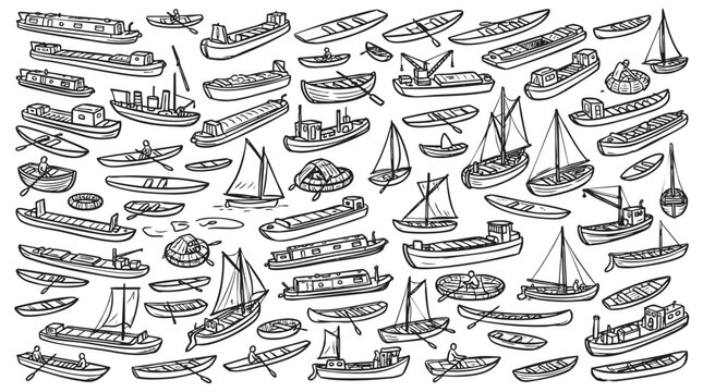 Various boats and nautical vessels collection in hand drawn sketch style.