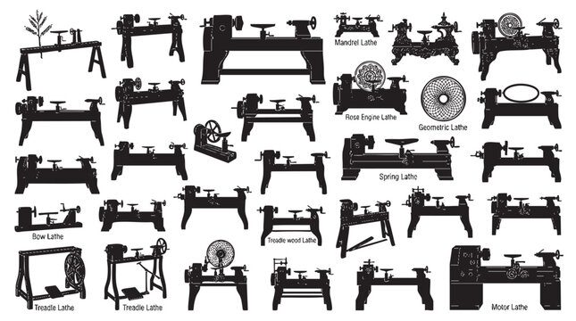 Large collection of traditional and modern lathe machines in black and white silhouette.